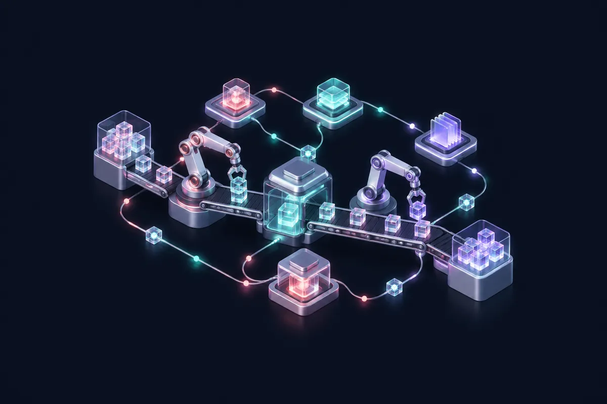 Isometric conveyor pipeline with robotic arms moving task cubes