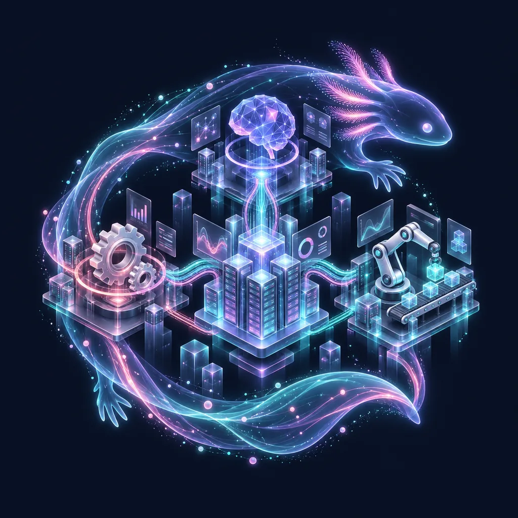Isometric illustration of operations, AI and automation hubs connected by flowing light